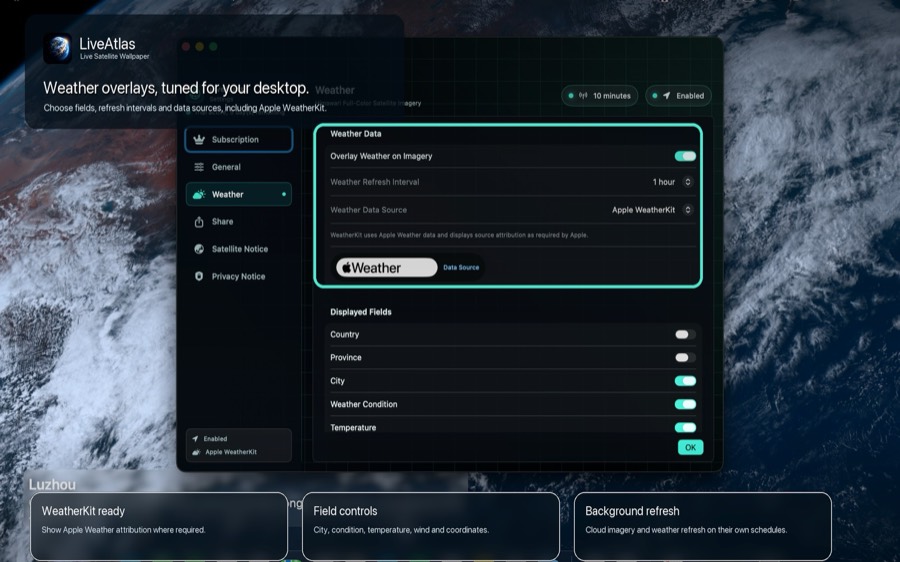 LiveAtlas weather settings promotional image
